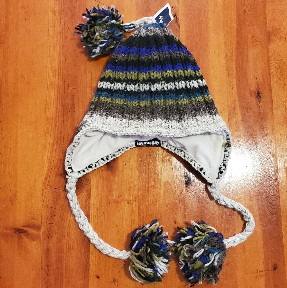 Laundromat Knit Stripes PomPom Earflap Fleece Lined Beanie Wool Polyester New